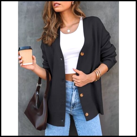 Oversized V-Neck Cardigan, Button Front, Knit Fabric, Casual Wear - Picture 2 of 7